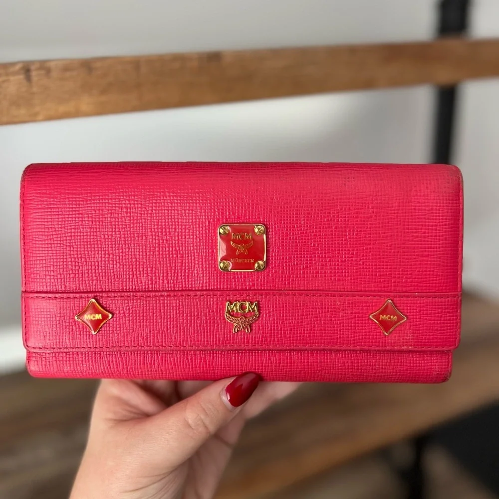 MCM Hot Pink Trifold Leather Wallet with Charms
